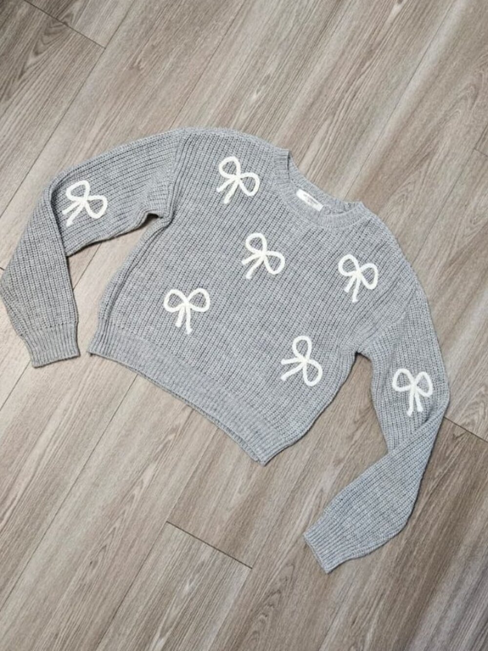 No Comment Girls L(14) Gray Chunky Knit Bow Sweater Ribbon Pattern Size L(14)